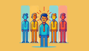 Illustración de una persona con cuatro figuras sin rostro detrás, representando el concepto de ser la media de las 5 personas que más frecuentas