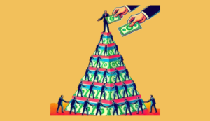 Ilustración colorida de la pirámide de Charles Ponzi que muestra el flujo de dinero de los nuevos inversores hacia los antiguos.