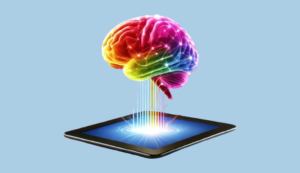 Ilustración colorida que representa un cerebro conectado a una tableta, absorbiendo íconos de cursos en línea, certificados y plataformas educativas como Coursera, edX y Alison. La imagen simboliza la expansión del conocimiento y el crecimiento personal a través del aprendizaje en línea.