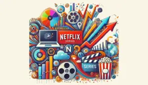 Ilustración representando el emprendimiento y las series de Netflix. A la izquierda, elementos como un portátil y gráficos de negocios simbolizan el éxito empresarial, mientras que a la derecha se ven símbolos del entretenimiento, como una bobina de película. Esta imagen es perfecta para un artículo sobre las mejores series de Netflix recomendadas para emprendedores y el mundo de los negocios