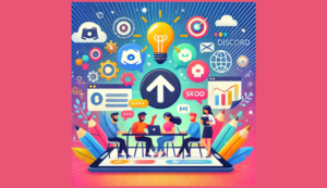 Ilustración vibrante de mentoría y colaboración digital: personas en un entorno moderno compartiendo ideas, rodeadas de símbolos de crecimiento como flechas y bombillas, con iconos de plataformas como Discord y Skool.