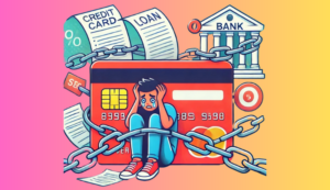 Ilustración colorida en estilo cartoon de una tarjeta de crédito gigante atrapando a una persona como cadenas, simbolizando la deuda. La persona luce estresada y agobiada por facturas y préstamos. En el fondo, aparecen símbolos de bancos y tasas de interés. Representación del impacto del crédito y la deuda en las finanzas personales.
