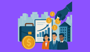 Ilustración digital en estilo flat que representa empresas repartiendo dividendos a inversores, con gráficos financieros, billetes y personas recibiendo dinero.