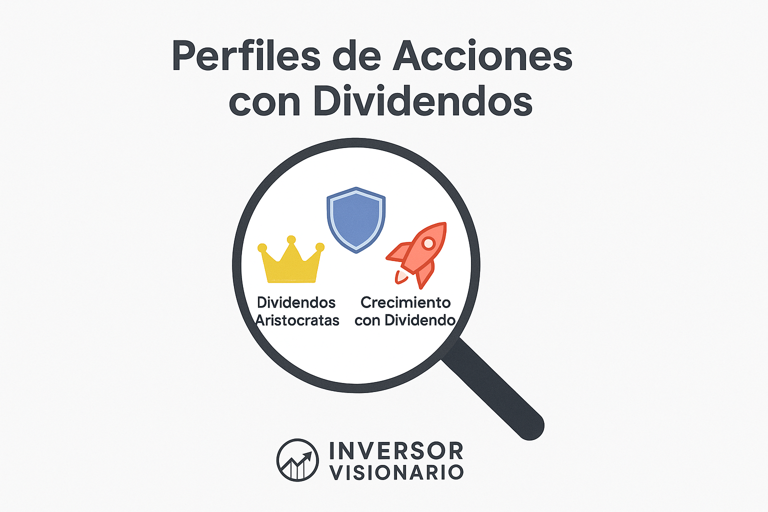 Infografía con lupa mostrando tres perfiles de acciones con dividendos: aristócratas del dividendo, acciones defensivas y acciones de crecimiento con dividendo. Ideal para construir una cartera de inversión equilibrada.